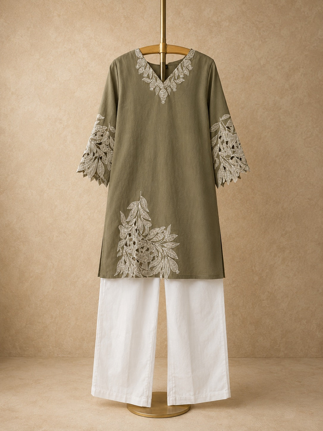 Green Cutwork Cotton Kurta Pant Set