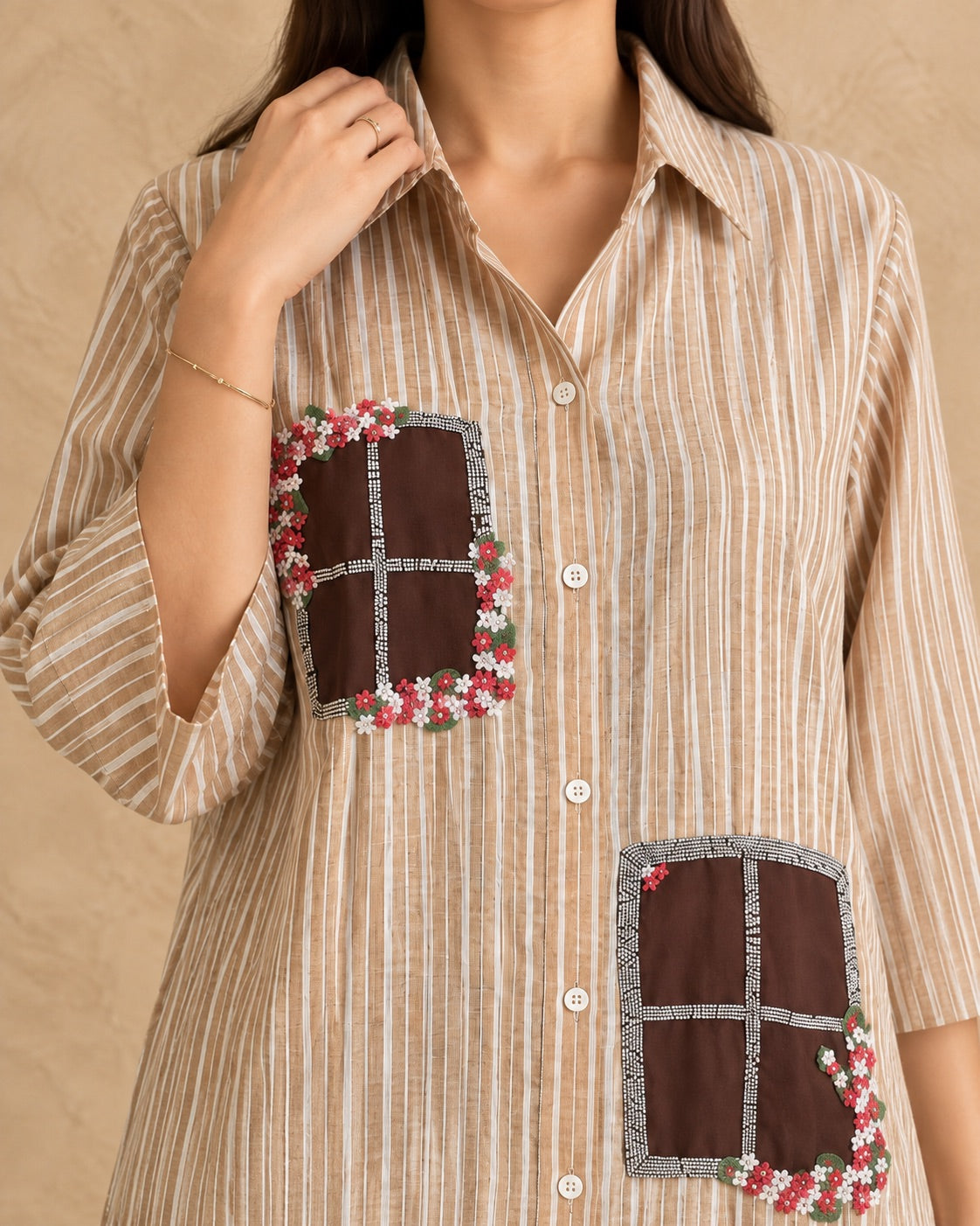 Tan Stripe & Brown Linen Cotton Handwork Co-ord Set