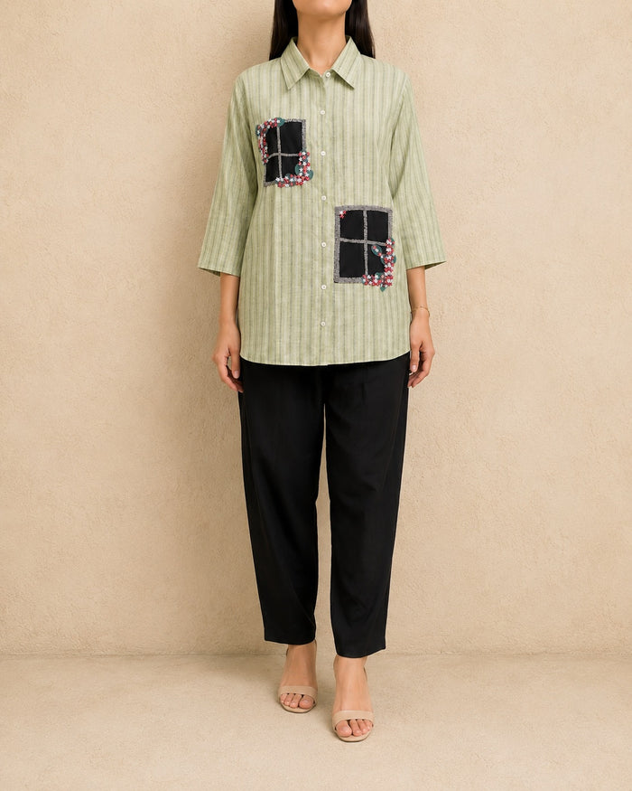 Sage Green & Black Linen Cotton Handwork Co-ord Set