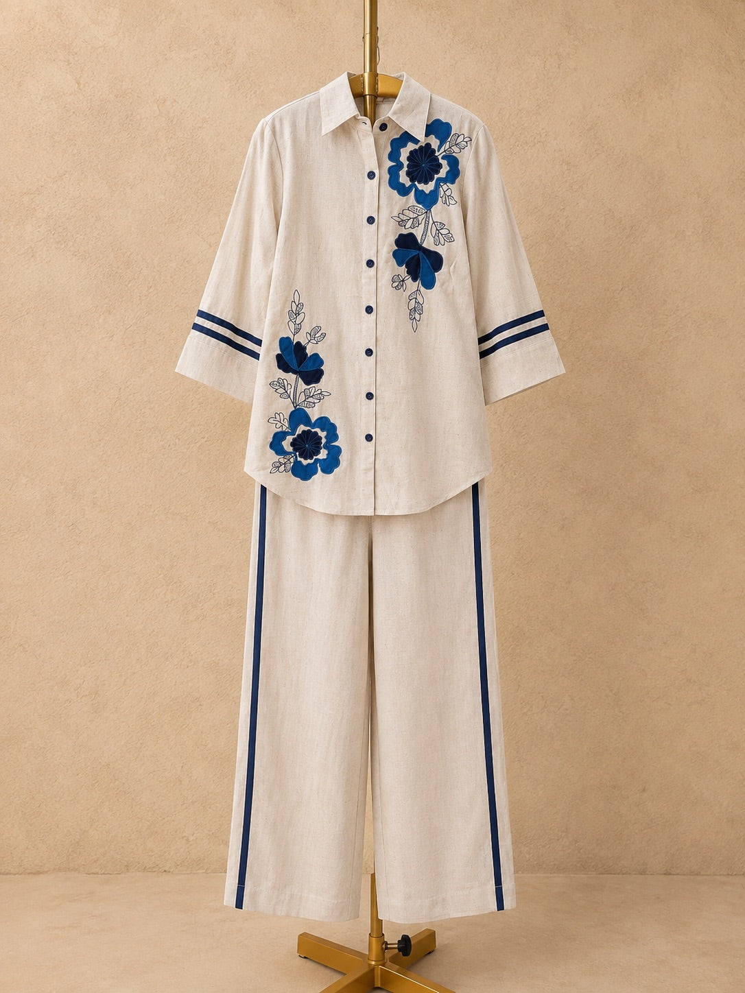 Blue Floral Embroidered khadi cotton Co-ords set