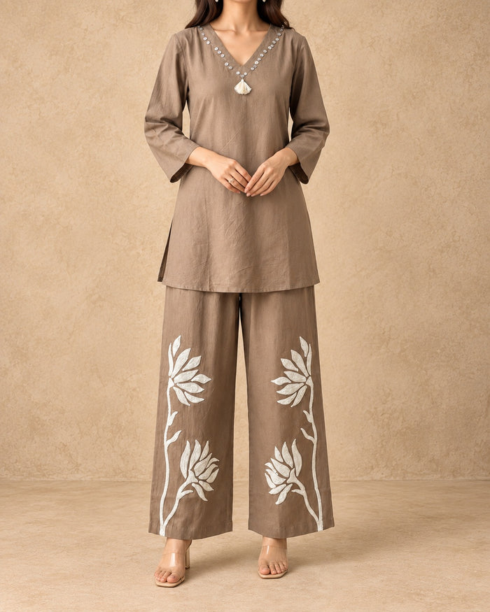 Beige & Ivory Cotton Appliqué Pant Co-ord Set