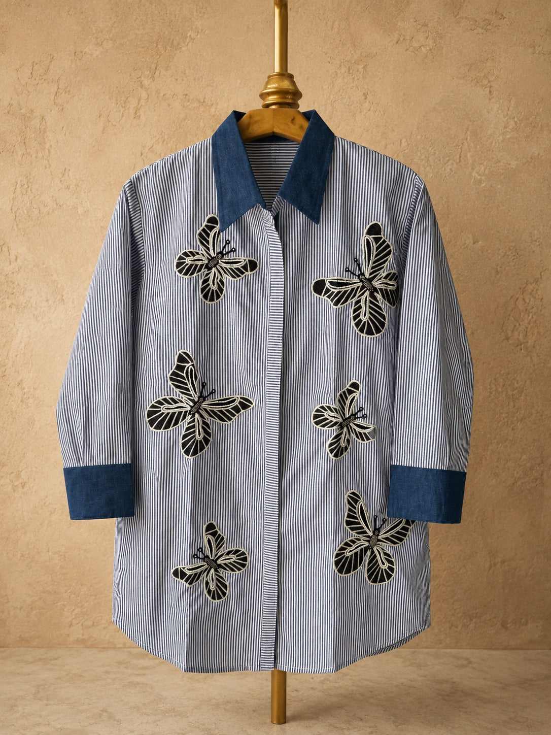 Butterfly Embroidered Handwork Shirt (Blue Stripe)