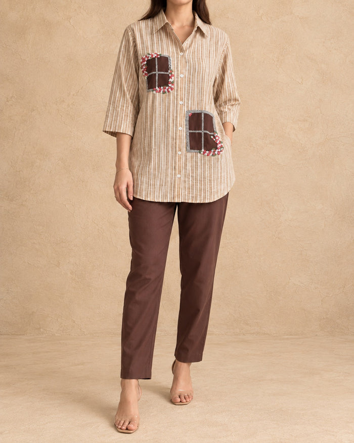 Tan Stripe & Brown Linen Cotton Handwork Co-ord Set