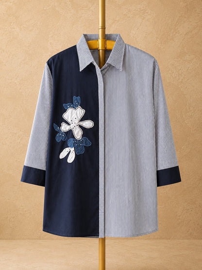 Floral Applique Handwork Shirt (Navy Stripe)