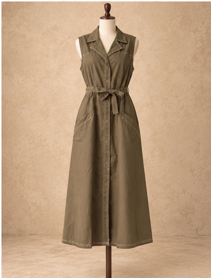 Army Green Sleeveless Belted Cotton Dress