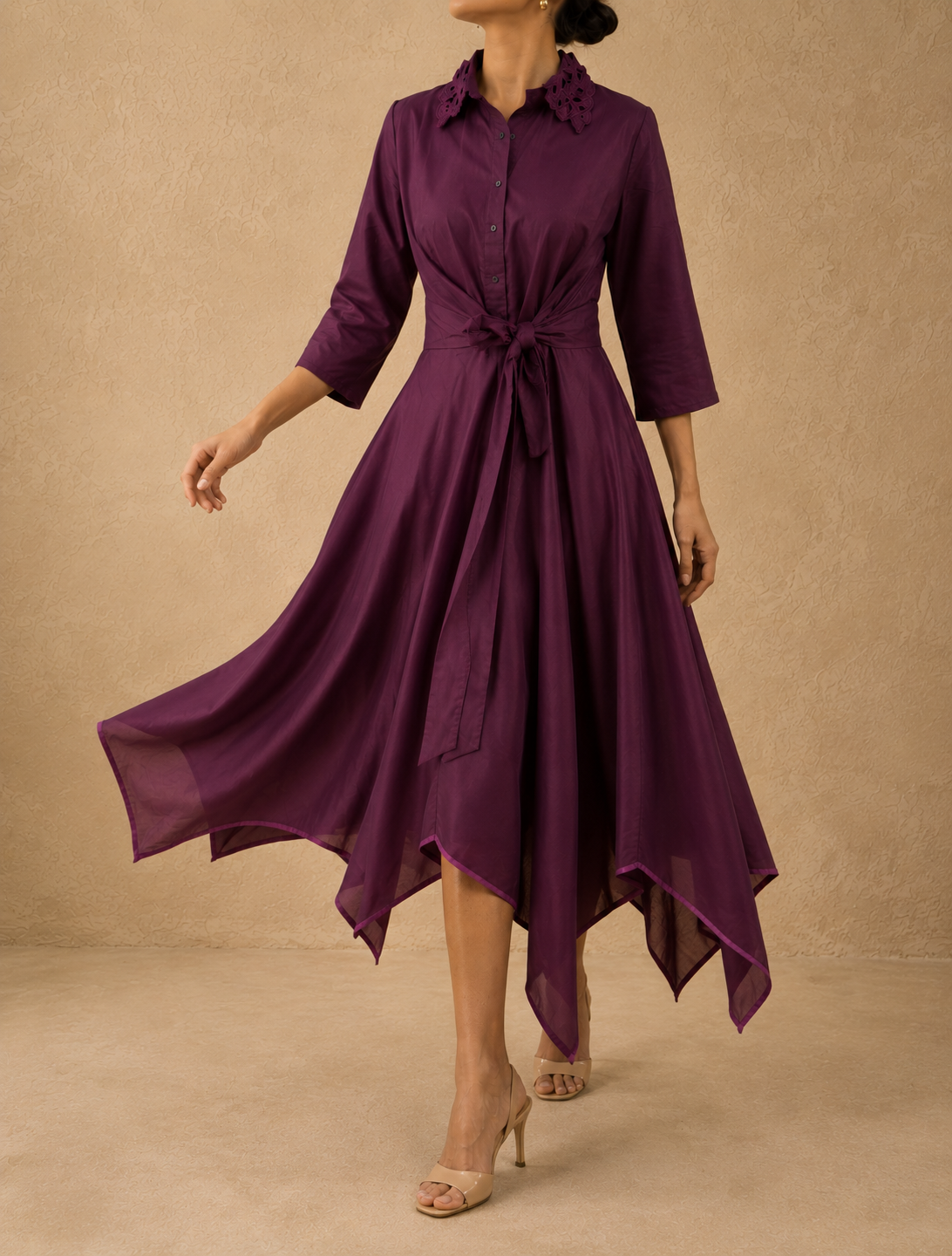 Wine Plum Asymmetrical High-Low Hem Dress - Cotton Flex Fabric