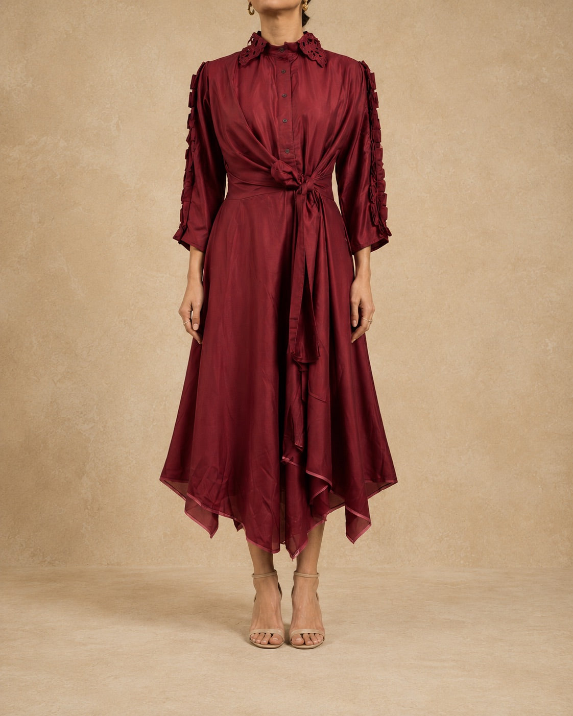 Maroon Asymmetrical High-Low Hem Dress - Cotton Flex Fabric