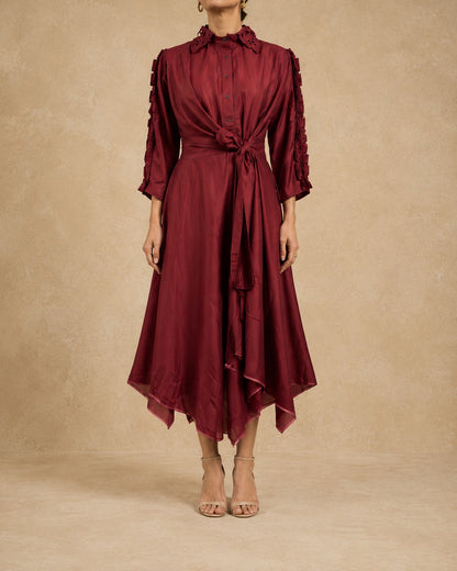 Maroon Asymmetrical High-Low Hem Dress - Cotton Flex Fabric
