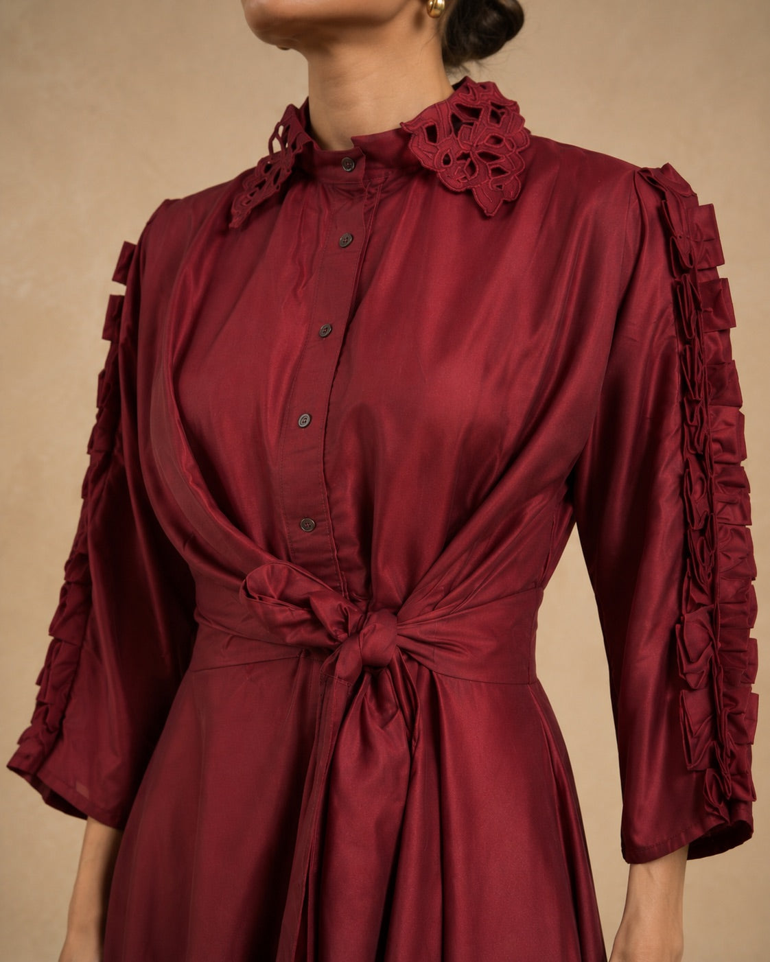 Maroon Asymmetrical High-Low Hem Dress - Cotton Flex Fabric