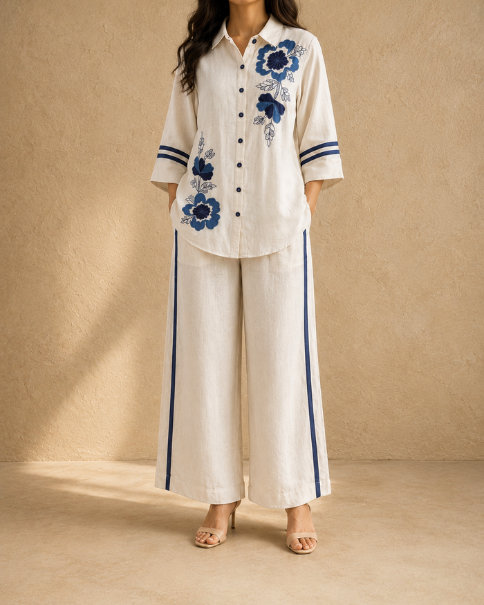 Blue Floral Embroidered khadi cotton Co-ords set
