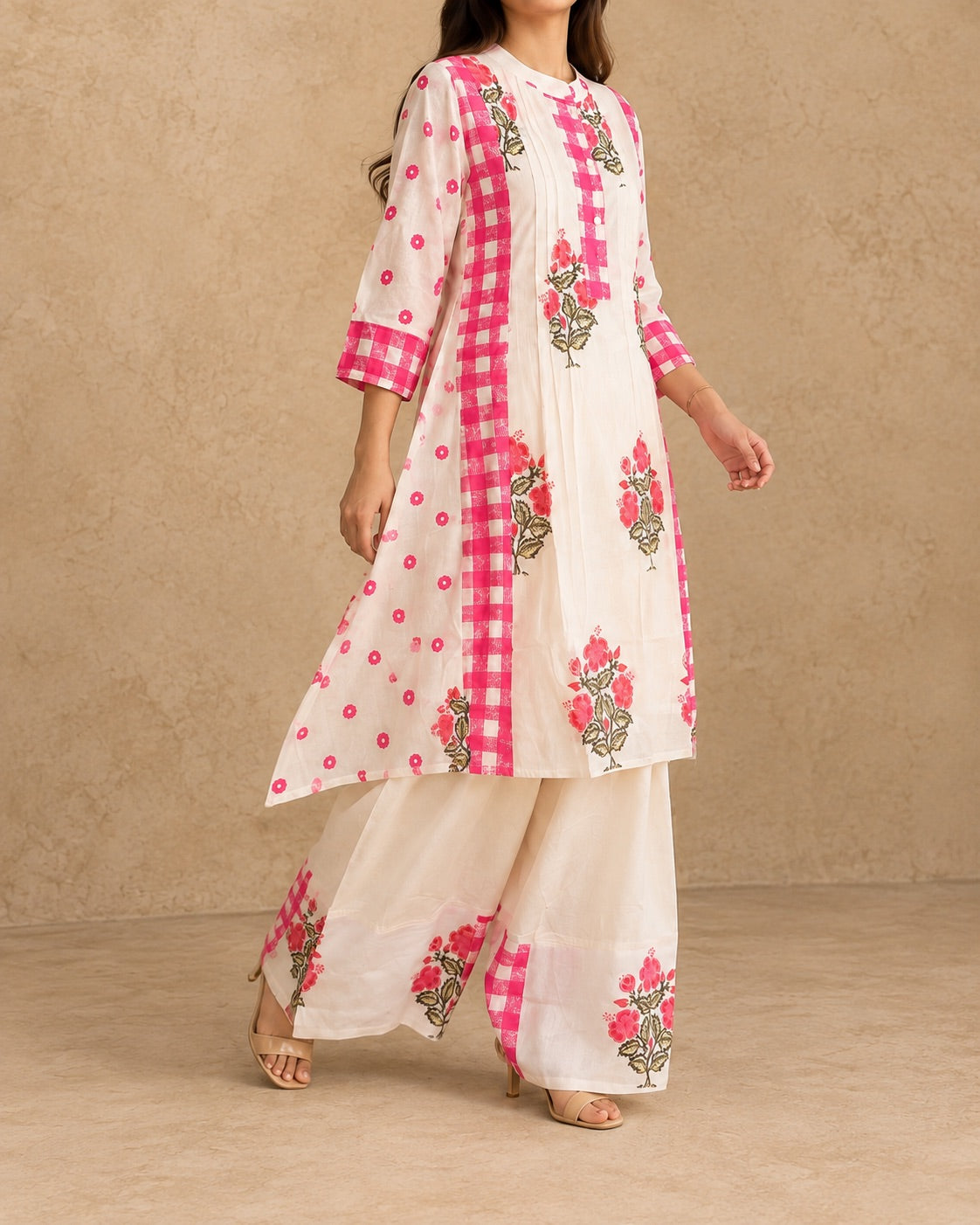 Ivory & Pink Gingham Floral Mul Cotton Farsi Co-ord Set