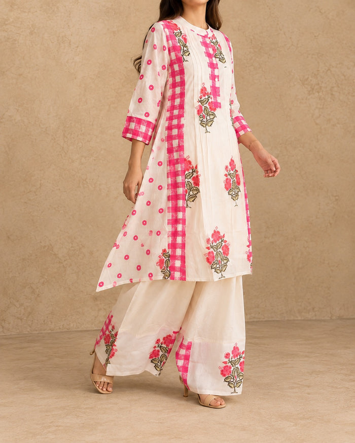 Ivory & Pink Gingham Floral Mul Cotton Farsi Co-ord Set