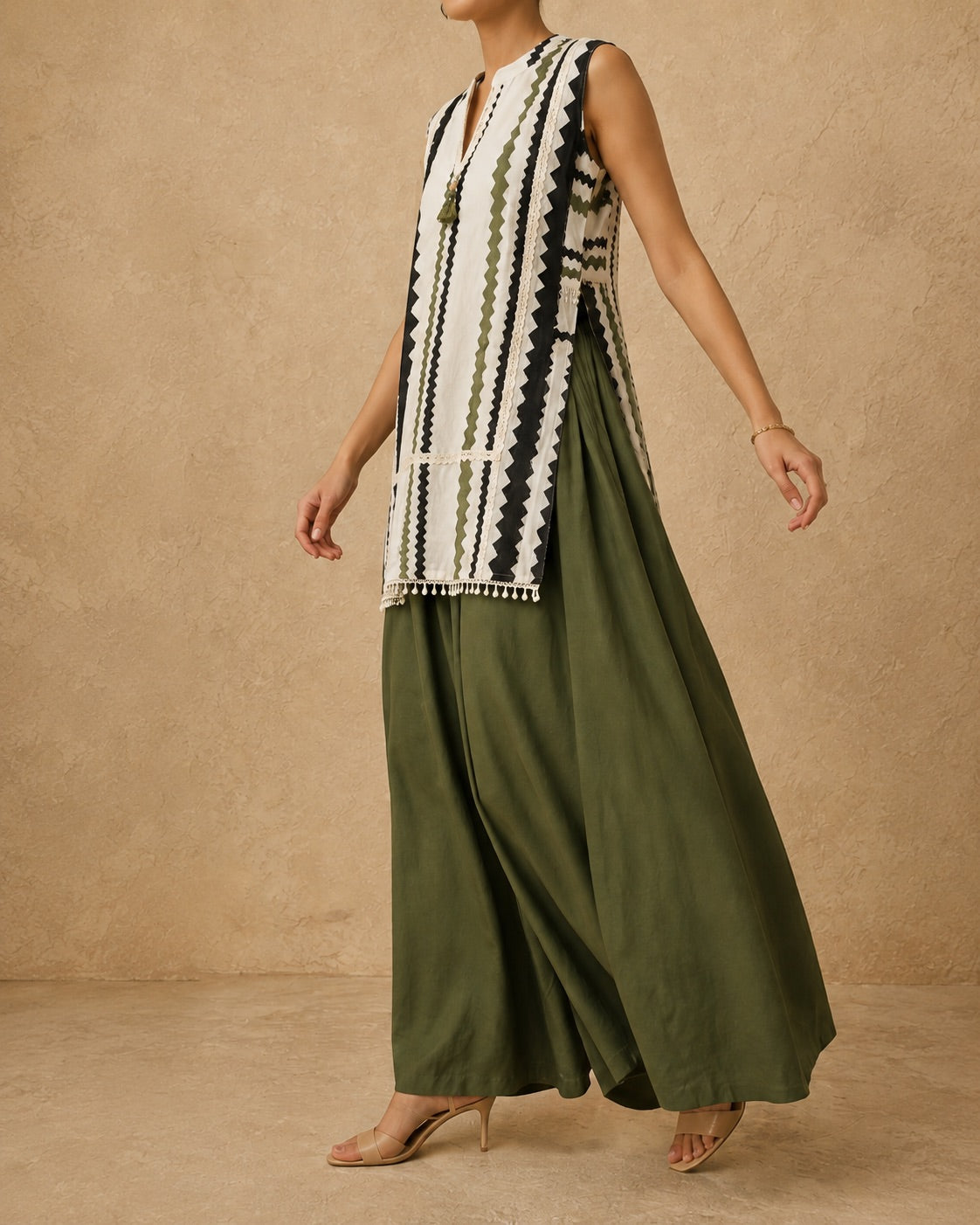 White & Olive Striped Linen Cotton Long Co-ord Set