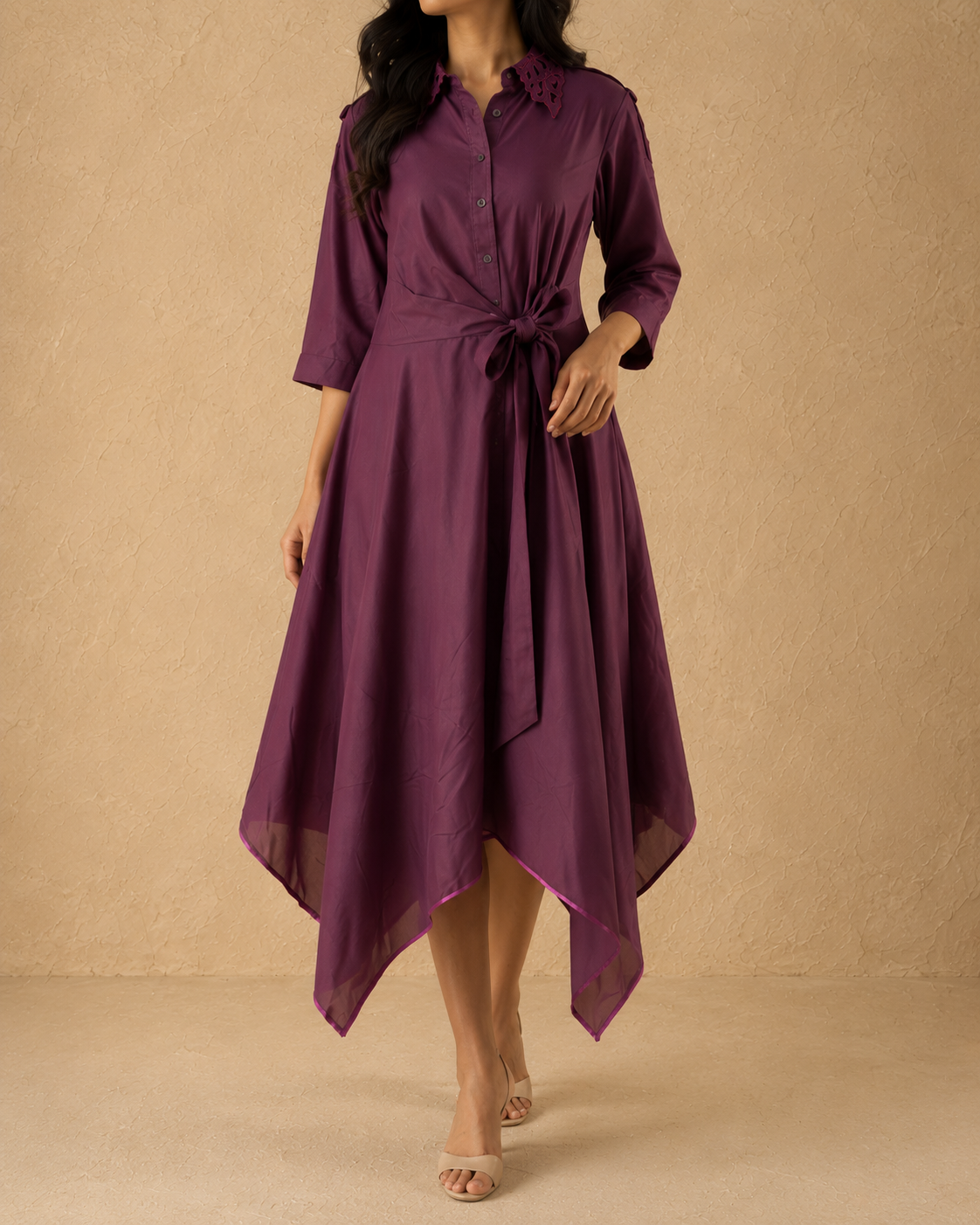 Wine Plum Asymmetrical High-Low Hem Dress - Cotton Flex Fabric