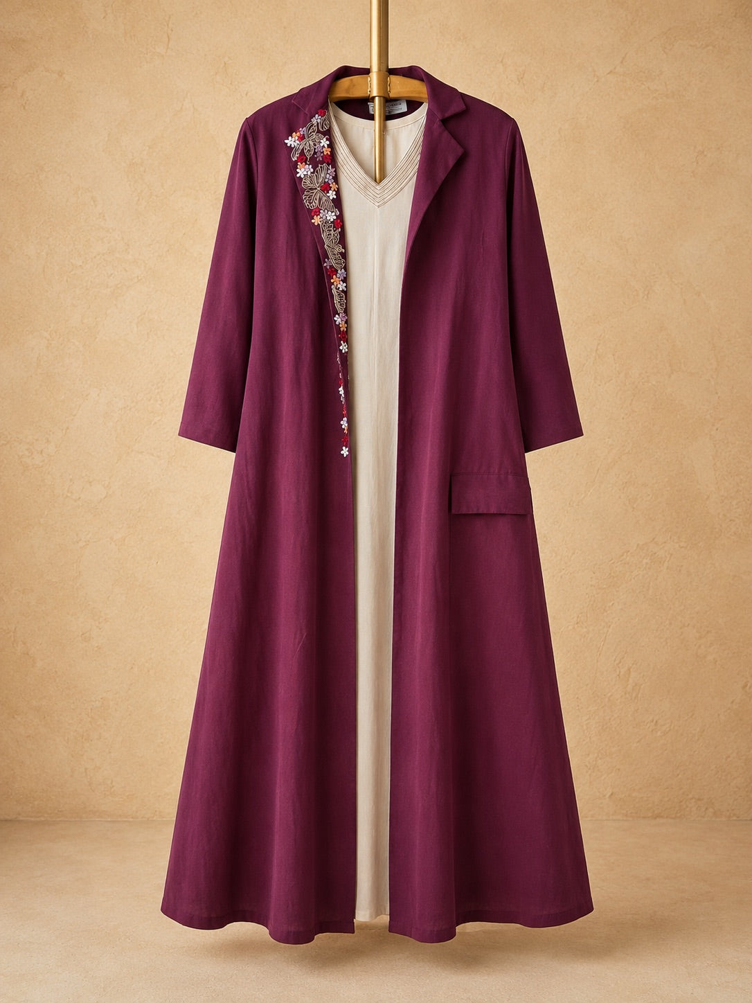 Maroon Floral Embroidered Linen Cotton Overcoat Dress Set