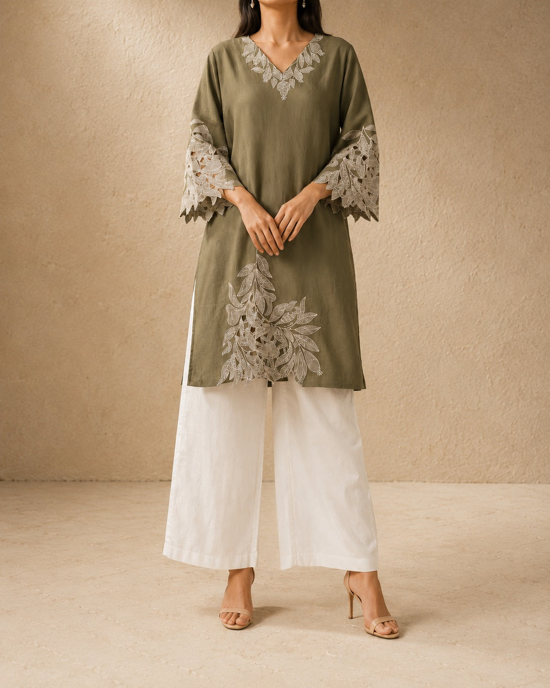 Green Cutwork Cotton Kurta Pant Set