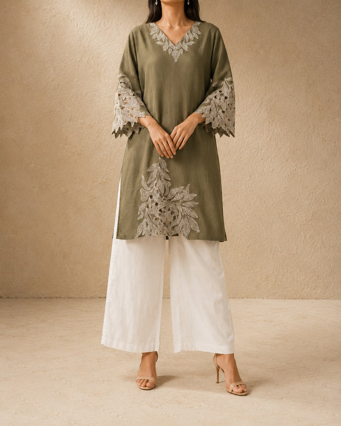 Green Cutwork Cotton Kurta Pant Set