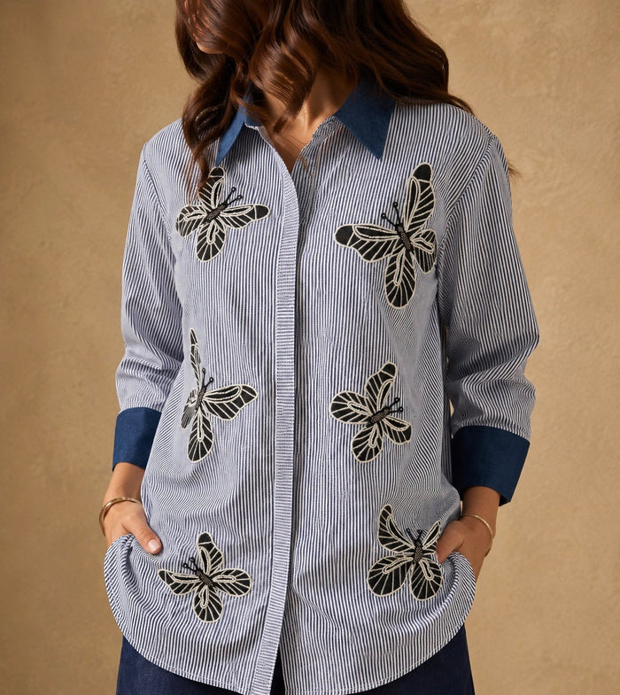 Butterfly Embroidered Handwork Shirt (Blue Stripe)