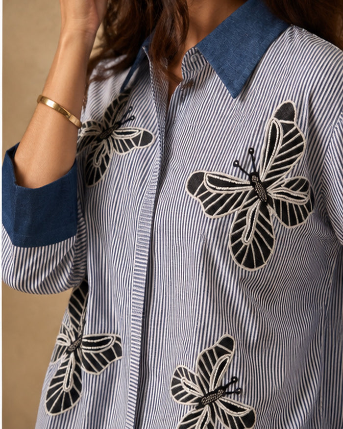 Butterfly Embroidered Handwork Shirt (Blue Stripe)