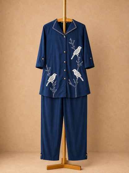 Navy Blue Bird Embroidery Cotton Co-ord Set