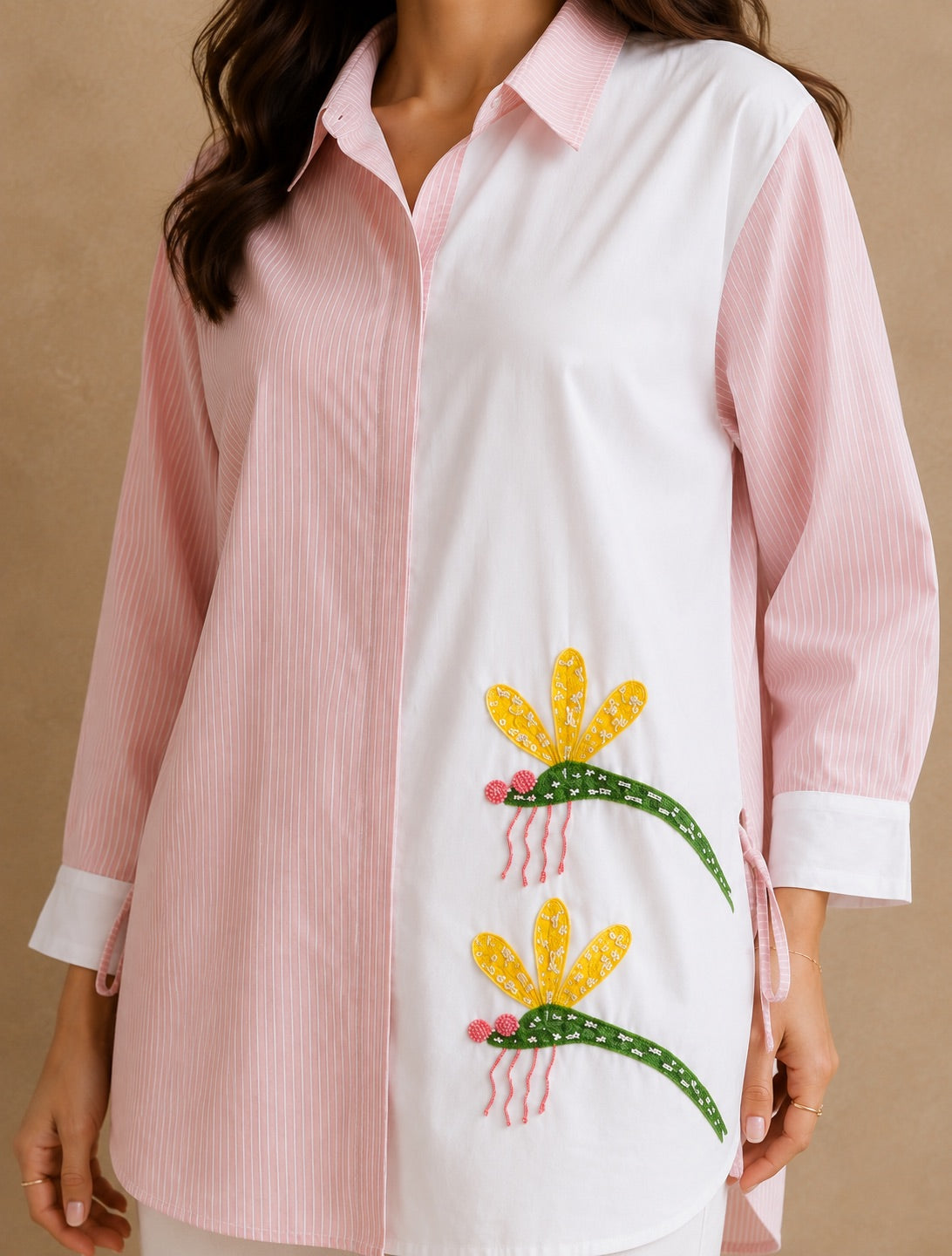 Dragonfly Embroidered Handwork Shirt (Pink Stripe)