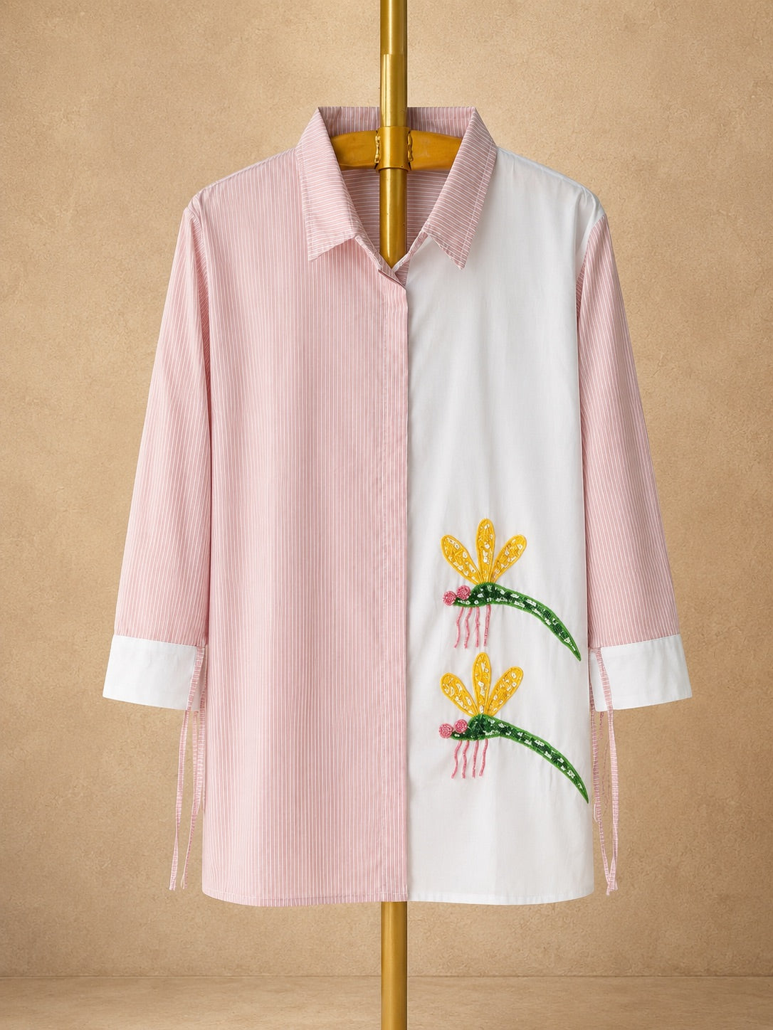 Dragonfly Embroidered Handwork Shirt (Pink Stripe)