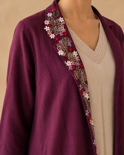 Maroon Floral Embroidered Linen Cotton Overcoat Dress Set