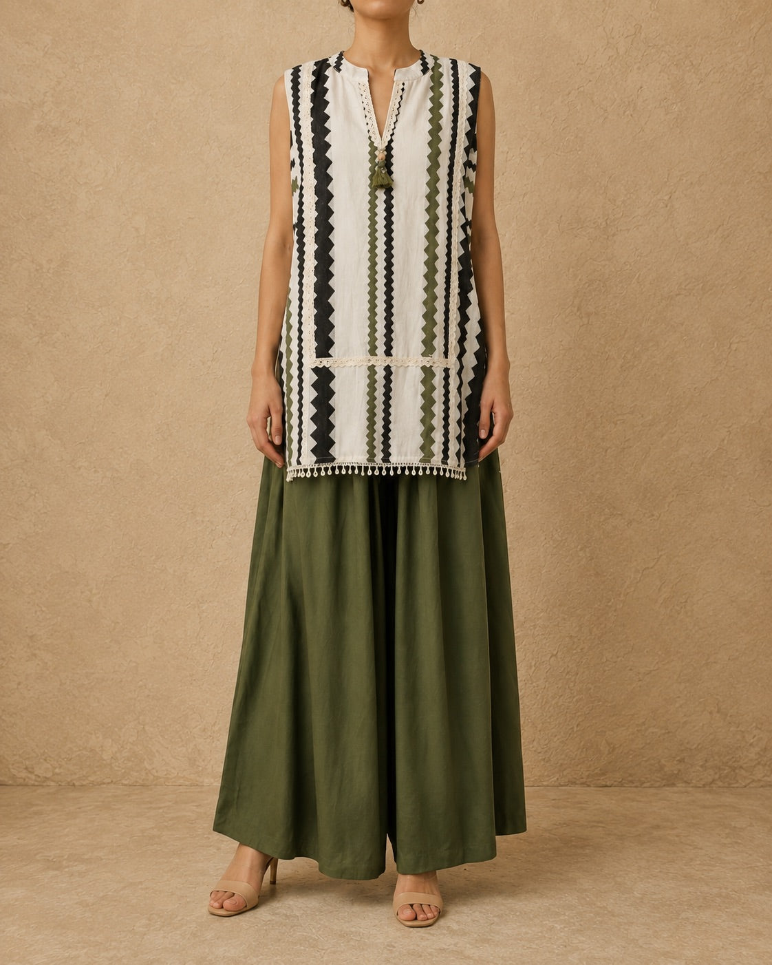 White & Olive Striped Linen Cotton Long Co-ord Set