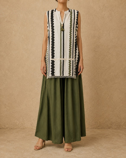 White & Olive Striped Linen Cotton Long Co-ord Set