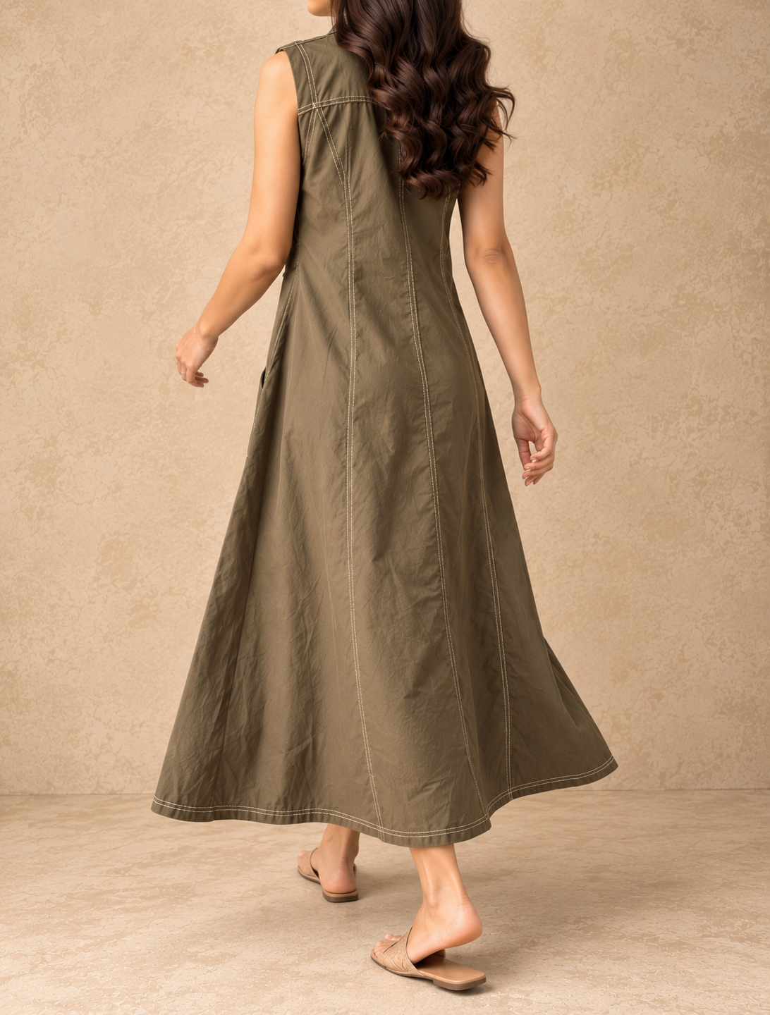 Army Green Sleeveless Belted Cotton Dress