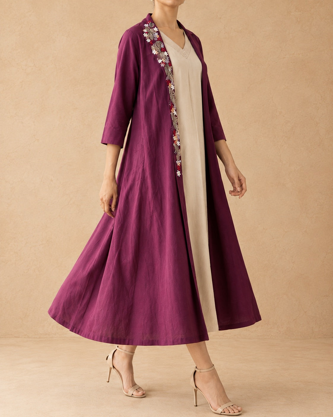 Maroon Floral Embroidered Linen Cotton Overcoat Dress Set