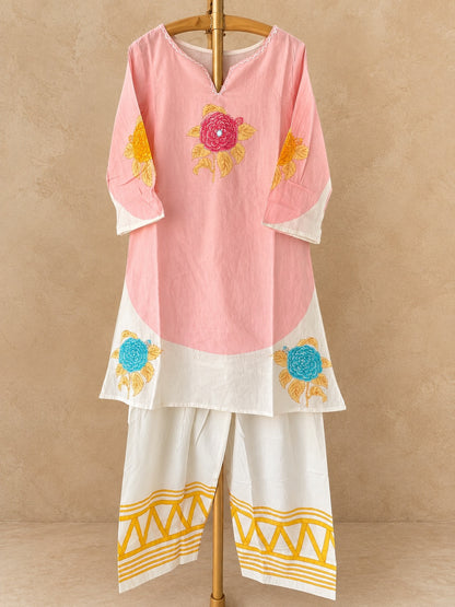 Blush Pink & White Mul Cotton Farsi Co-ord Set
