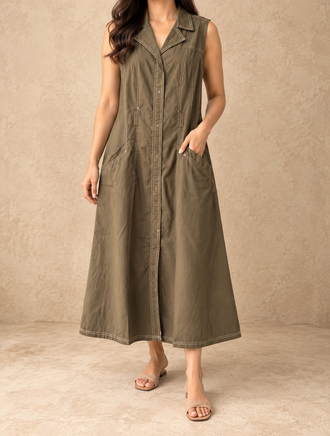 Army Green Sleeveless Belted Cotton Dress