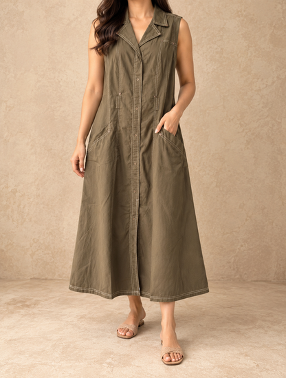 Army Green Sleeveless Belted Cotton Dress