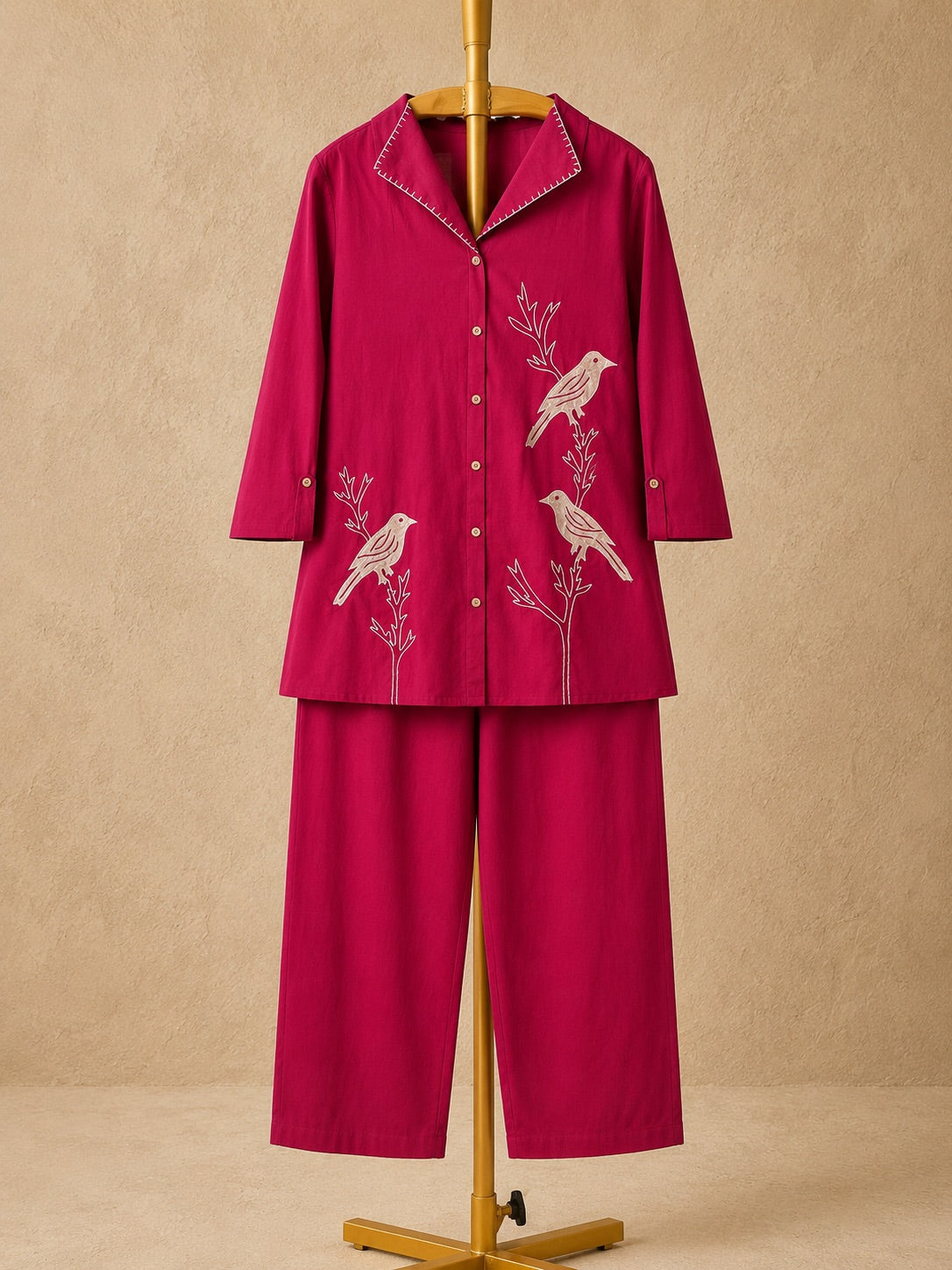 Magenta Pink Bird Embroidery Cotton Co-ord Set