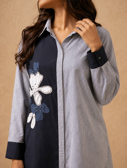 Floral Applique Handwork Shirt (Navy Stripe)