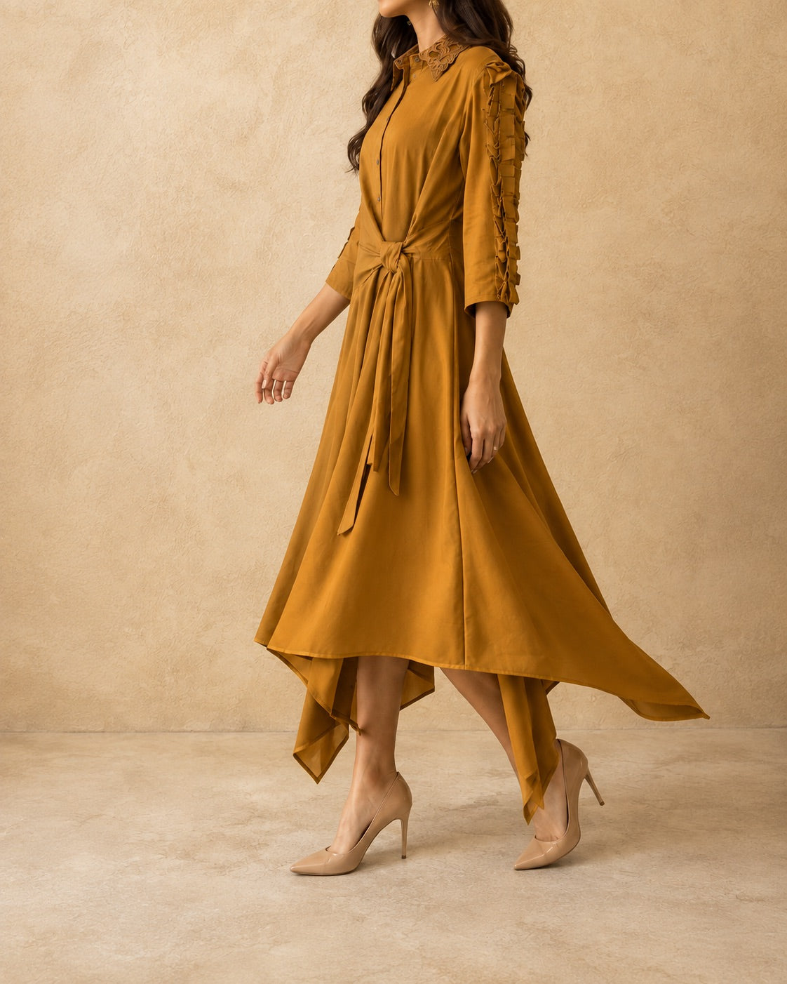 Mustard Asymmetrical High-Low Hem Dress - Cotton Flex Fabric
