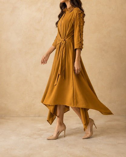 Mustard Asymmetrical High-Low Hem Dress - Cotton Flex Fabric