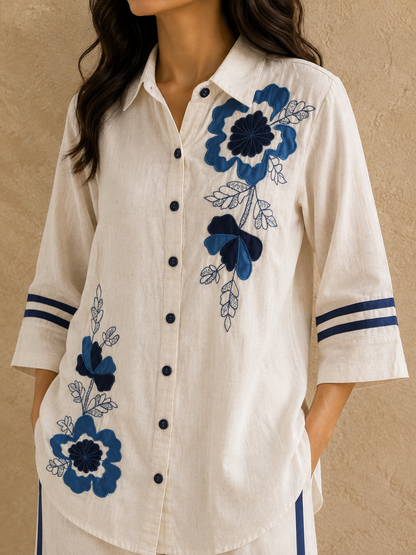 Blue Floral Embroidered khadi cotton Co-ords set