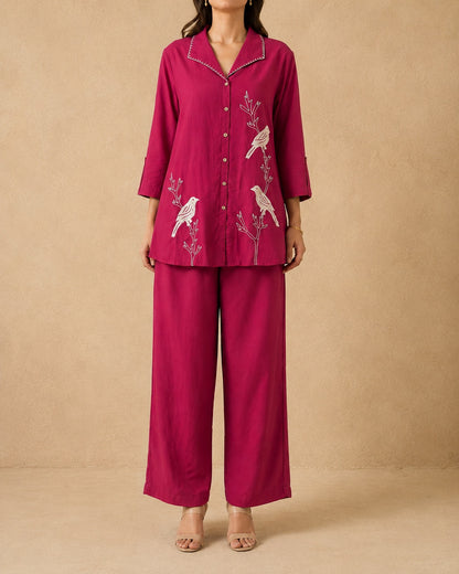 Magenta Pink Bird Embroidery Cotton Co-ord Set
