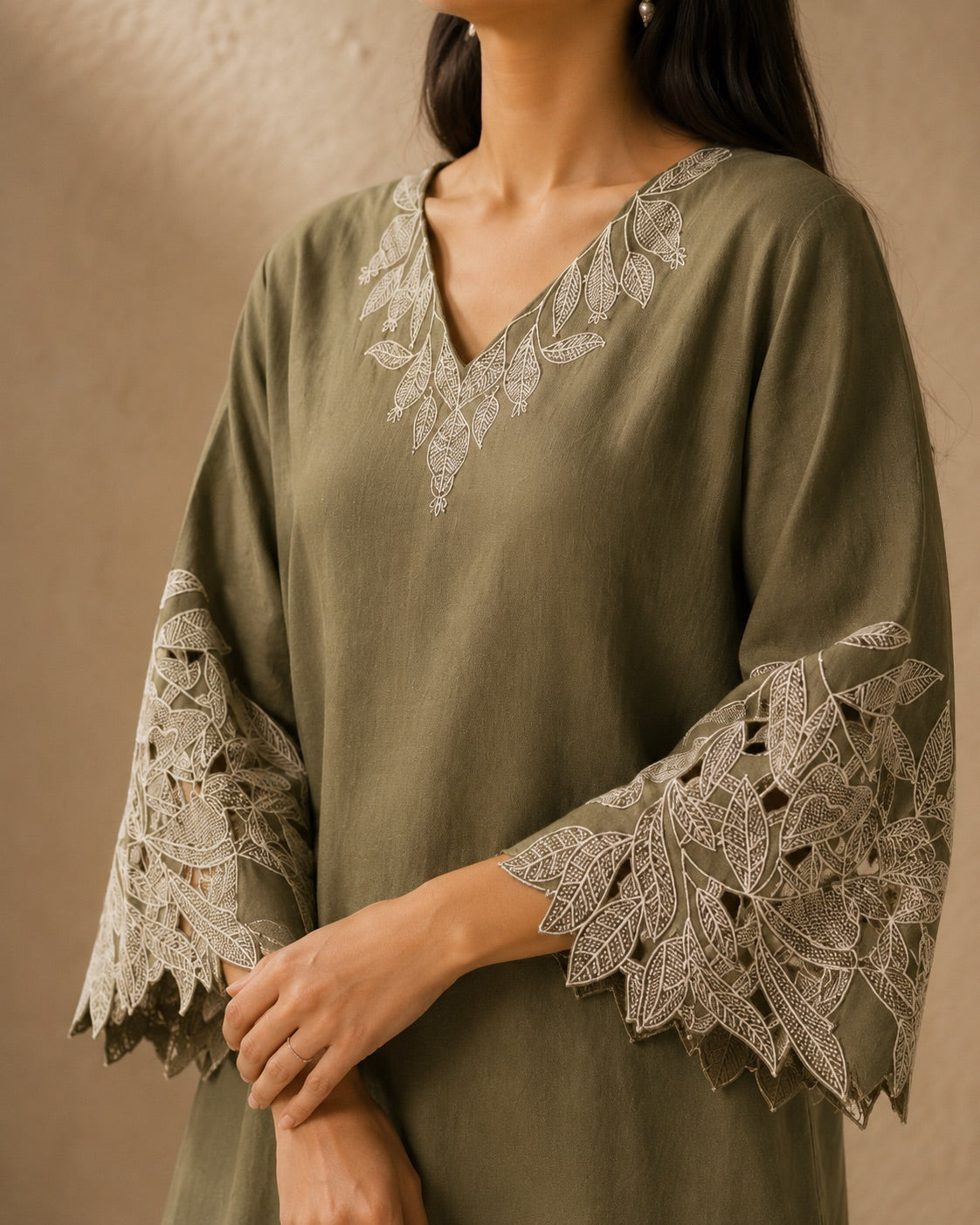 Green Cutwork Cotton Kurta Pant Set
