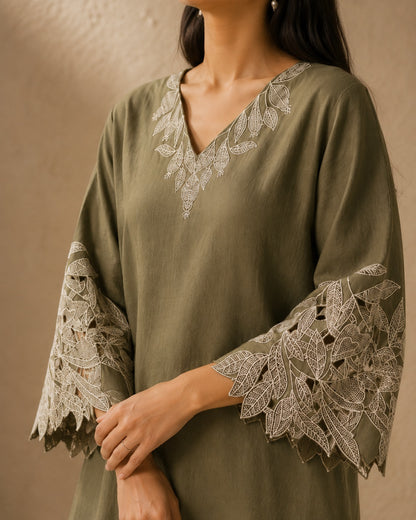 Green Cutwork Cotton Kurta Pant Set