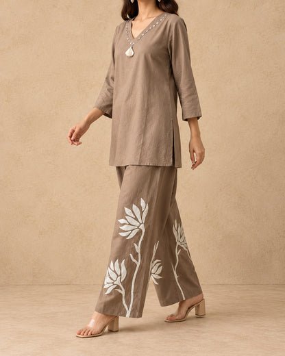 Beige & Ivory Cotton Appliqué Pant Co-ord Set