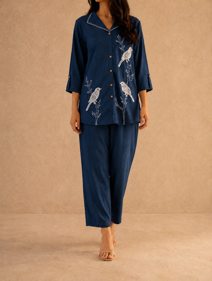 Navy Blue Bird Embroidery Cotton Co-ord Set