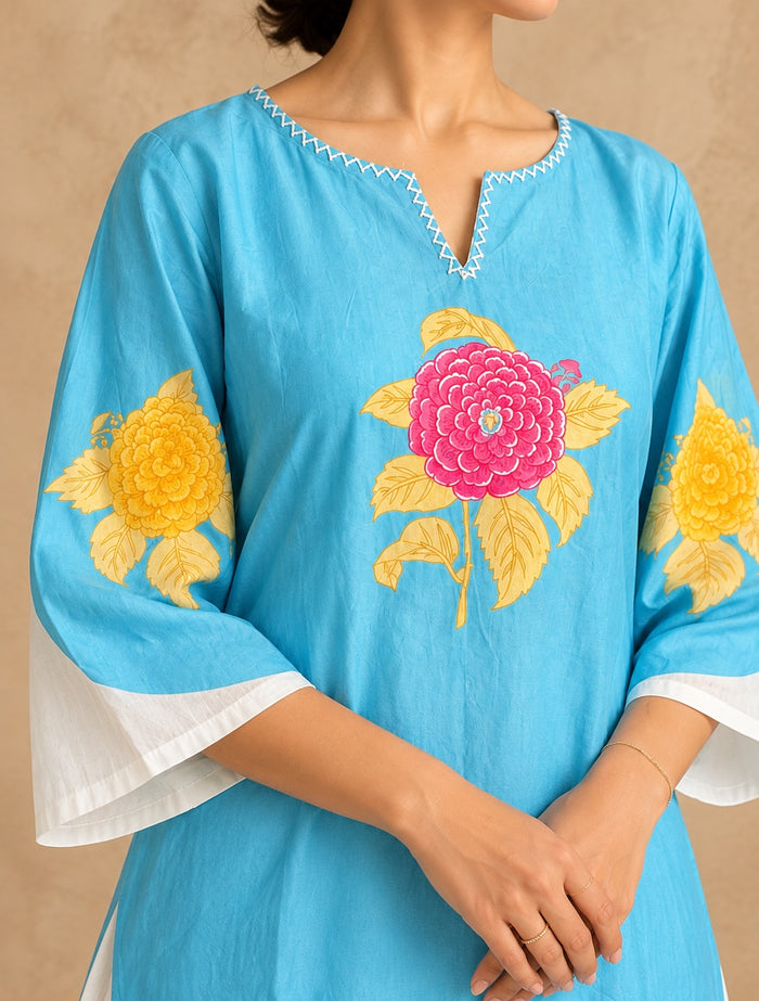 Sky Blue & White Mul Cotton Farsi Co-ord Set