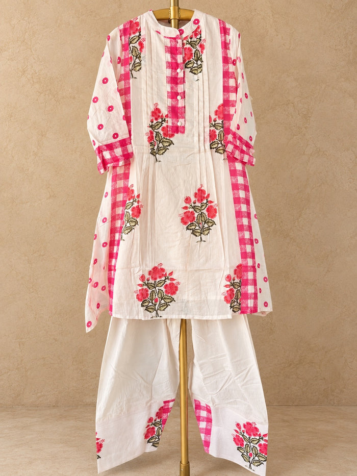 Ivory & Pink Gingham Floral Mul Cotton Farsi Co-ord Set