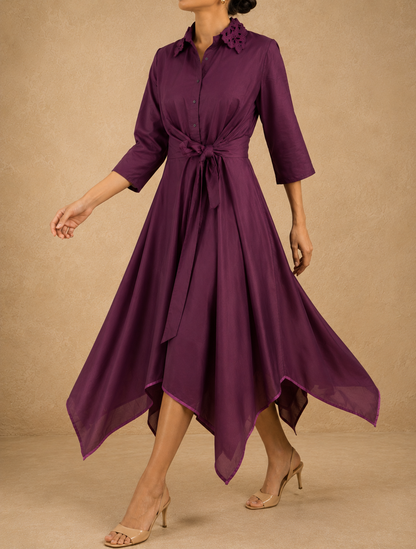 Wine Plum Asymmetrical High-Low Hem Dress - Cotton Flex Fabric