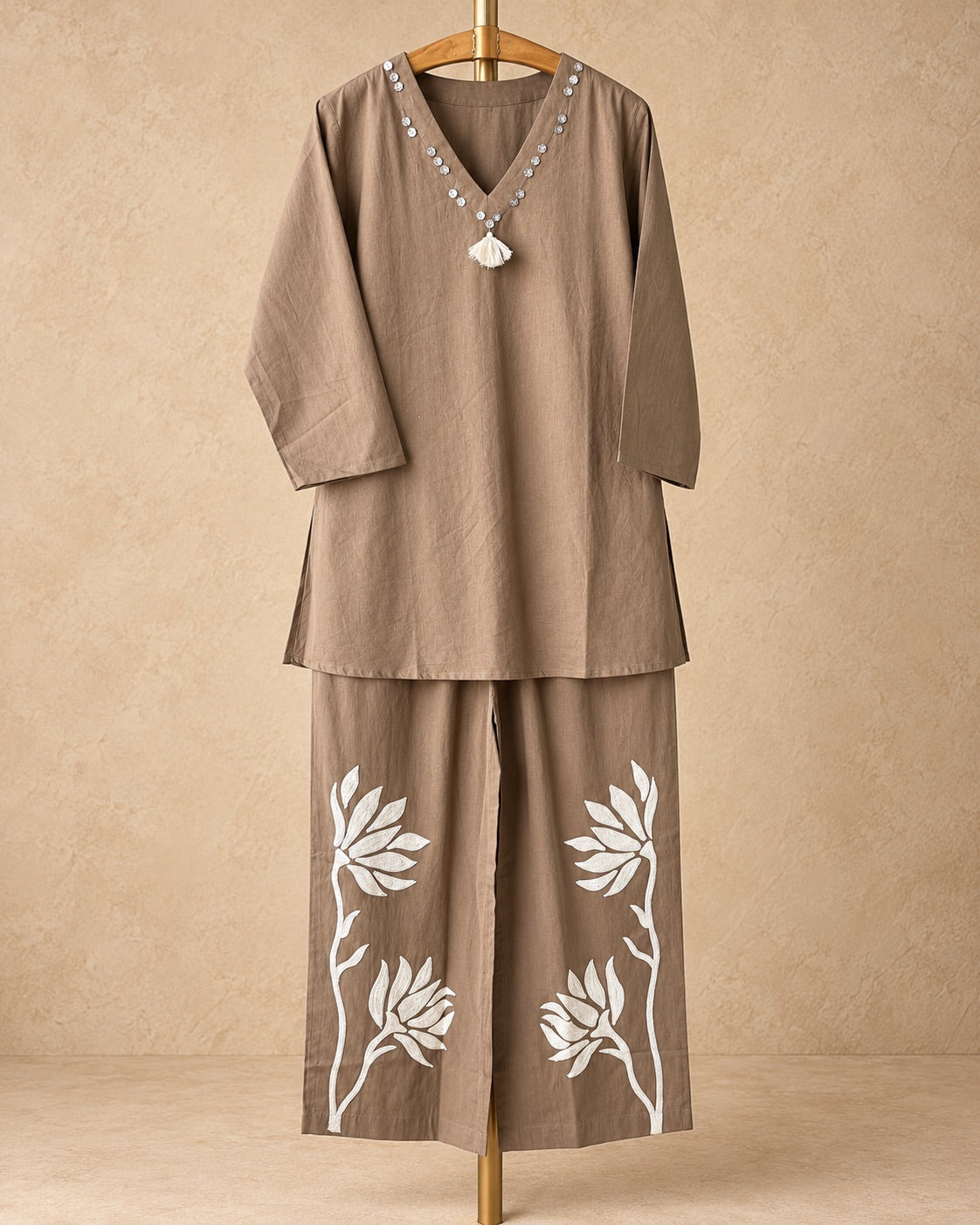 Beige & Ivory Cotton Appliqué Pant Co-ord Set