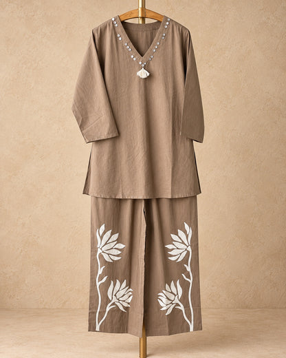 Beige & Ivory Cotton Appliqué Pant Co-ord Set