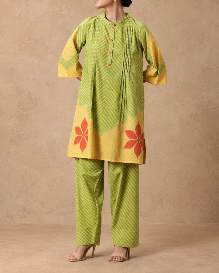 Parrot Green & Mustard Mul Cotton Farsi Co-ord Set